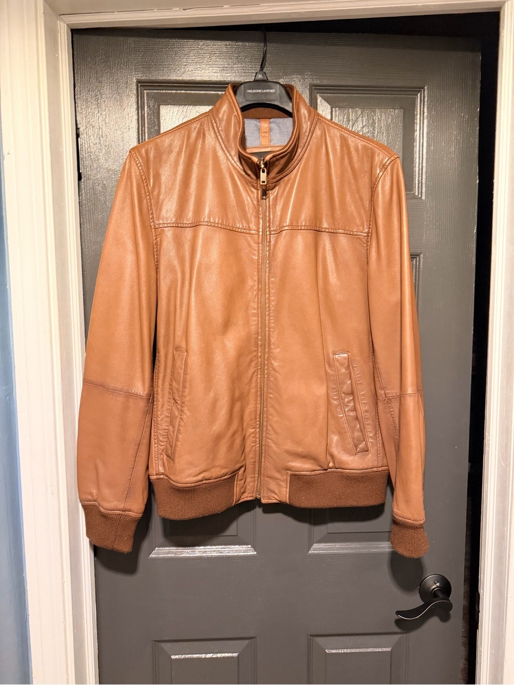 Classic Leather Brown Bomber Jacket with Light Blue Lining